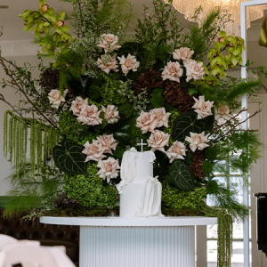 fresh flowers baptism christening ripple table set up backdrop